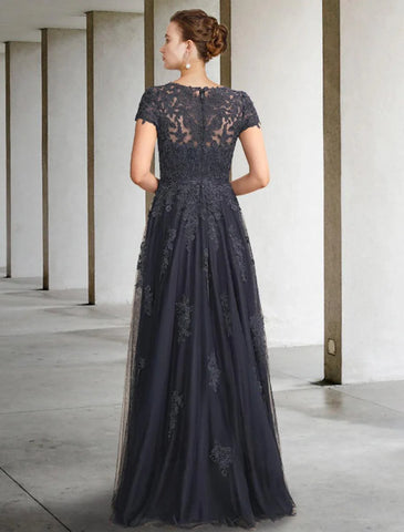 Ballkleid für die Mutter der Braut, luxuriös, elegant, mit Rundhalsausschnitt, bodenlang, Spitze, Tüll, kurze Ärmel mit Kristallapplikationen