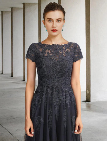 Ballkleid für die Mutter der Braut, luxuriös, elegant, mit Rundhalsausschnitt, bodenlang, Spitze, Tüll, kurze Ärmel mit Kristallapplikationen