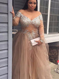 Vestidos de fiesta tipo princesa con escote fuera de los hombros, mangas largas, lentejuelas, tul y largo hasta el suelo