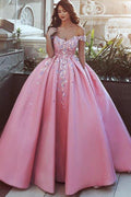 Ballkleid, schulterfrei, rosa Satin, Ballkleid mit Applikationen PG870