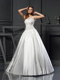 Abito da Sposa Satinato Lungo Scerrato con Scollo a Cuore e Applique a Palloncino