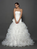 Duchesse-Linie Trägerlos Handgemachte Blume Ärmellos Lange Organza Brautkleider