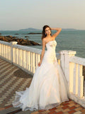 Abito da Sposa Spiaggia Satinato Lungo Senza Maniche con Fiori Fatti a Mano Scollato a Sirena