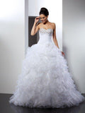 Abito da Sposa in Organza Lungo Semplice Scollato a Cuore con Perline Senza Maniche a Balze