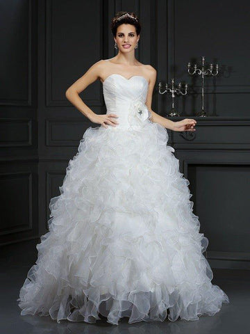 Duchesse-Linie Herzausschnitt Handgemachte Blume Ärmellos Lange Organza Brautkleider