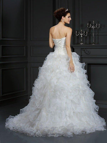 Duchesse-Linie Herzausschnitt Handgemachte Blume Ärmellos Lange Organza Brautkleider