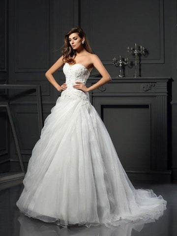 Duchesse-Linie Herzausschnitt Rüschen Ärmellos Lange Organza Brautkleider