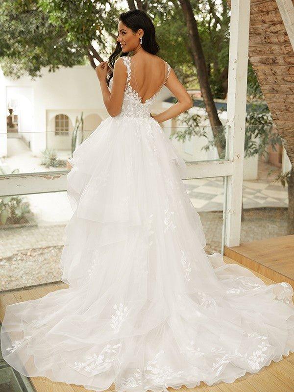 Ball Gown Tulle Applique V-neck Sleeveless Court Train Wedding Dresses