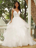 Robe de mariée en tulle à appliques, col en V, sans manches, traîne courte, style robe de bal
