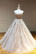 Abito da Sera lungo da Ballo in Tulle Scopato con Pizzo Appliqué  PSK011