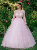 Vestidos de baile de tule com decote em V e renda, mangas compridas, vestidos de baile