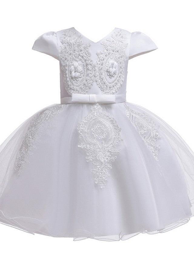 NumberSea - Ball Gown Tulle Short Sleeve V Neck Wedding Party Flower Girl Dresses