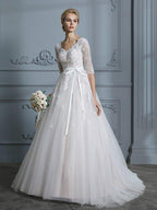 Ball Gown V-neck Court Train 1/2 Sleeves Lace Tulle Wedding Dresses