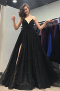 Ballkleid mit V-Ausschnitt, offenem Rücken, geteilten Pailletten, schwarz, langes Ballkleid PG819