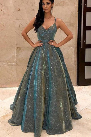 Sparkly V Neck Cross Back Grey Long Prom Dress with Pockets PSK177