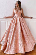 Ballkleid mit V-Ausschnitt und Trägern, überkreuzter Rücken, Rosa, langes Ballkleid PSK178