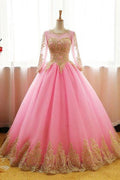 Abiti da Ballo Scollati a Cuore in Tulle con Applique Rosa Maniche Lunghe per Matricole PSK061