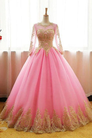 Ball Gowns Scoop Tulle Applique Pink Long Sleeves Prom Dress PSK061