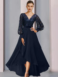 Vestido de festa para madrinhas de casamento Sparkle &amp; Shine, decote alto e baixo, assimétrico, comprimento chá, chiffon, renda, lantejoulas, manga comprida com lantejoulas
