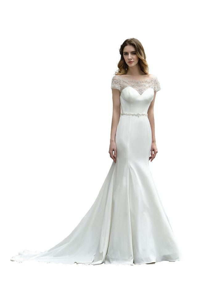 Bateau-Kurzarmfigur-Meerjungfrau-Brautkleid Satin Brautkleid Sweep/Trump Zug