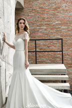 Bateau-Kurzarmfigur-Meerjungfrau-Brautkleid Satin Brautkleid Sweep/Trump Zug