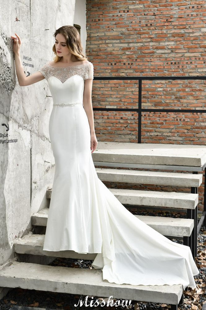 Bateau-Kurzarmfigur-Meerjungfrau-Brautkleid Satin Brautkleid Sweep/Trump Zug