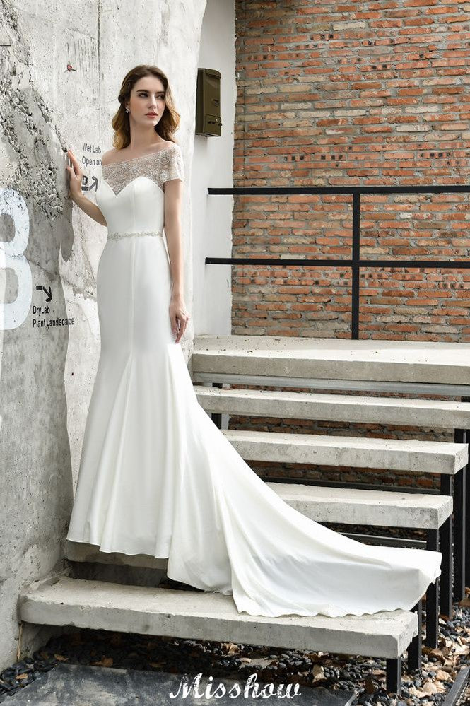 Bateau-Kurzarmfigur-Meerjungfrau-Brautkleid Satin Brautkleid Sweep/Trump Zug