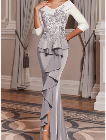 Meerjungfrau/Trompete Kleid für die Brautmutter, Hochzeitsgast, elegant, schulterfrei, Sweep/Pinselzug, Satin, 3/4-Ärmel mit Paillettenrüschen