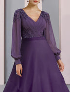 Etuikleid/Säulenkleid für die Brautmutter, Hochzeitsgast, Party, elegant, V-Ausschnitt, asymmetrisch, Chiffon, Spitze, lange Ärmel mit Rüschen