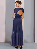 Vestido de mãe da noiva de duas peças, estilo coluna, formal, para convidada de casamento, elegante, decote quadrado, comprimento até ao joelho, chiffon, renda, manga curta com laço(s), missangas