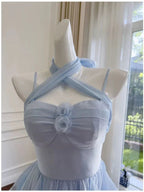 Vestido elegante de gasa azul con tirantes finos para fiesta de bienvenida o cumpleaños Y7573