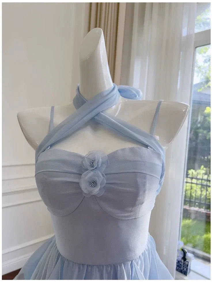 Vestido elegante de gasa azul con tirantes finos para fiesta de bienvenida o cumpleaños Y7573