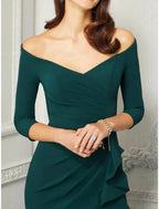 Vestido tubinho/coluna para mãe da noiva, convidada de casamento, elegante, ombro descoberto, comprimento até ao chão, chiffon elástico, manga 3/4 com folhos, racha frontal franzida