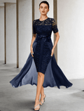 Etuikleid/Säulenkleid für die Mutter der Braut, formeller Hochzeitsgast, elegant, U-Ausschnitt, knielang, Spitze, kurze Ärmel, mit Schleife(n)