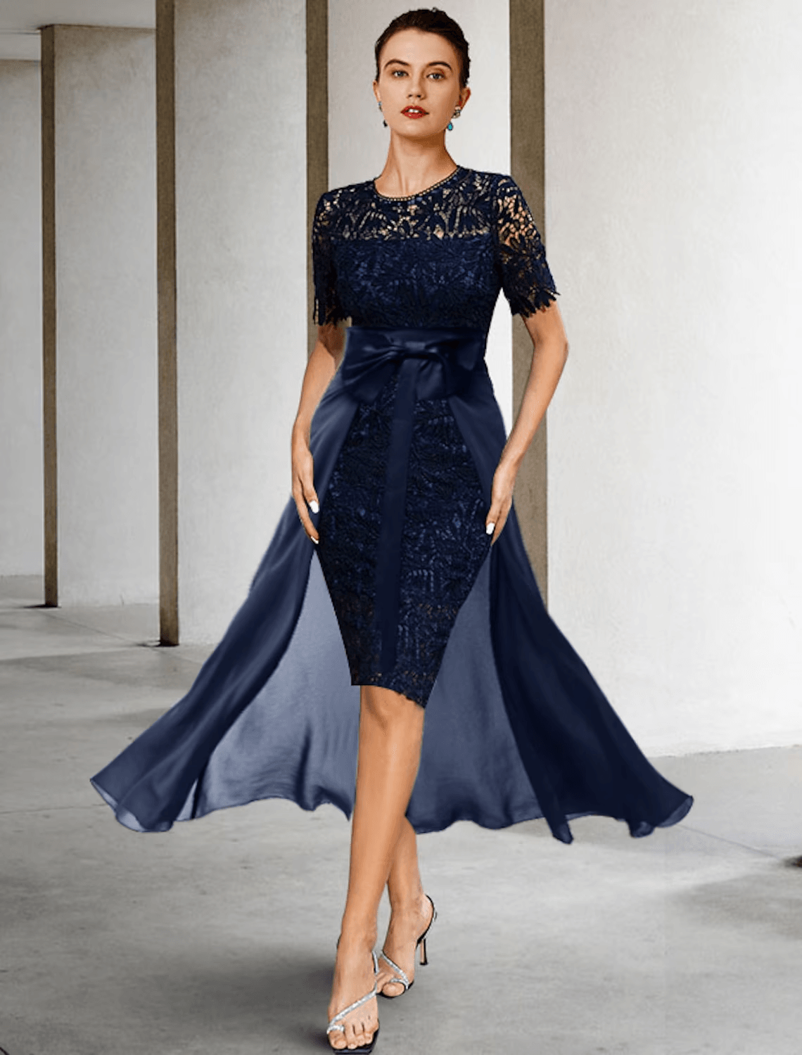Vestido tubinho/coluna para mãe da noiva, convidada formal para casamento, elegante, decote redondo, comprimento até ao joelho, renda, manga curta com laço(s)