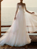 Abiti da Sposa Beach Boho in Tulle A-Line con Scollatura Illusion, Maniche Lunghe, Coda a Corte e Applicazioni di Perline
