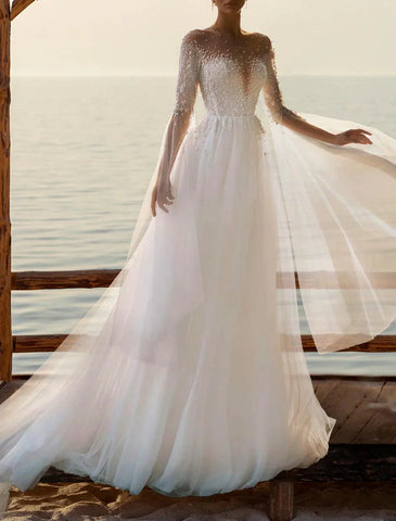 Strand-Boho-Brautkleider A-Linie Illusion Neck Langarm Hofschleppe Tüll Brautkleider mit Perlenapplikationen