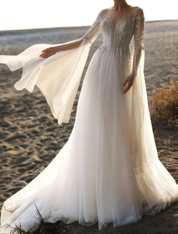 Strand-Boho-Brautkleider A-Linie Illusion Neck Langarm Hofschleppe Tüll Brautkleider mit Perlenapplikationen