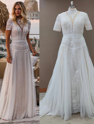 Strand-Boho-Brautkleider A-Linie Illusion Neck Kurzarm Hofschleppe Spitze Outdoor Brautkleider mit Applikationen