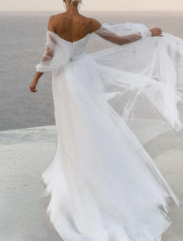 Strand-Boho-Brautkleider A-Linie, schulterfrei, 3/4-Ärmel, Hofschleppe, Satin-Brautkleider mit Volltonfarbe