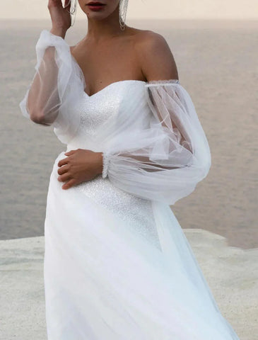 Strand-Boho-Brautkleider A-Linie, schulterfrei, 3/4-Ärmel, Hofschleppe, Satin-Brautkleider mit Volltonfarbe