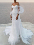 Vestidos de noiva estilo boho praia, corte A, ombro descoberto, manga 3/4, cauda longa, cetim, cor sólida