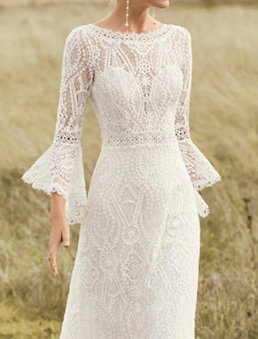 Strand Boho Brautkleider A-Linie Rundhalsausschnitt Langarm Sweep / Pinsel Schleppe Spitze Brautkleider mit Spitze Volltonfarbe
