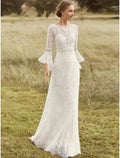 Vestidos de noiva estilo boho praia, corte A, decote redondo, manga comprida, cauda comprida, renda, cor sólida