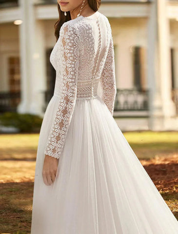 Strand-Boho-Brautkleider A-Linie V-Ausschnitt Langarm Hofschleppe Spitze Brautkleider mit Schlitz vorne