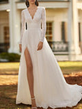 Vestidos de noiva estilo boho praia, corte A, decote em V, manga comprida, cauda longa, vestidos de noiva de renda com frente aberta