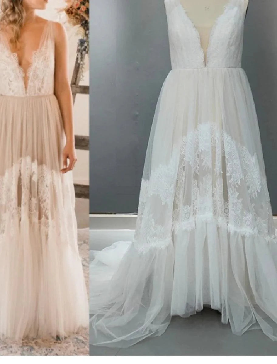 Beach Boho Wedding Dresses A-Line V Neck Sleeveless Court Train Lace Bridal Gowns With Lace Summer Fall Wedding Party