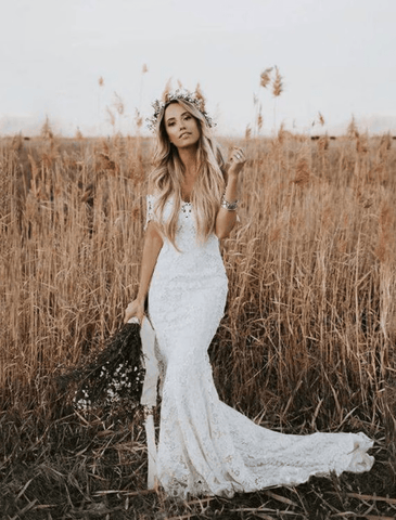 Strand Boho Brautkleider Kapelle Zug Trompete/Meerjungfrau Kurzarm Schulterfrei Spitze Mit Applikationen Volltonfarbe