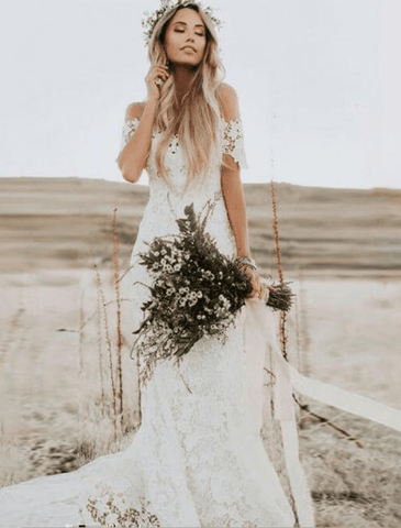 Strand Boho Brautkleider Kapelle Zug Trompete/Meerjungfrau Kurzarm Schulterfrei Spitze Mit Applikationen Volltonfarbe