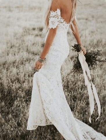 Strand Boho Brautkleider Kapelle Zug Trompete/Meerjungfrau Kurzarm Schulterfrei Spitze Mit Applikationen Volltonfarbe